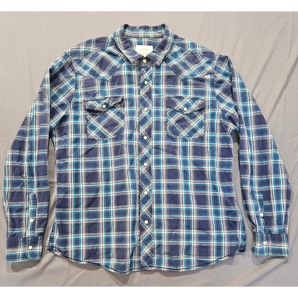 Roebuck & Co Western Shirt Mens XL Blue Plaid Pearl Snap Button Long Sleeve